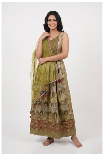 Olive Green Banarasi Anarkali Set With Dupatta
