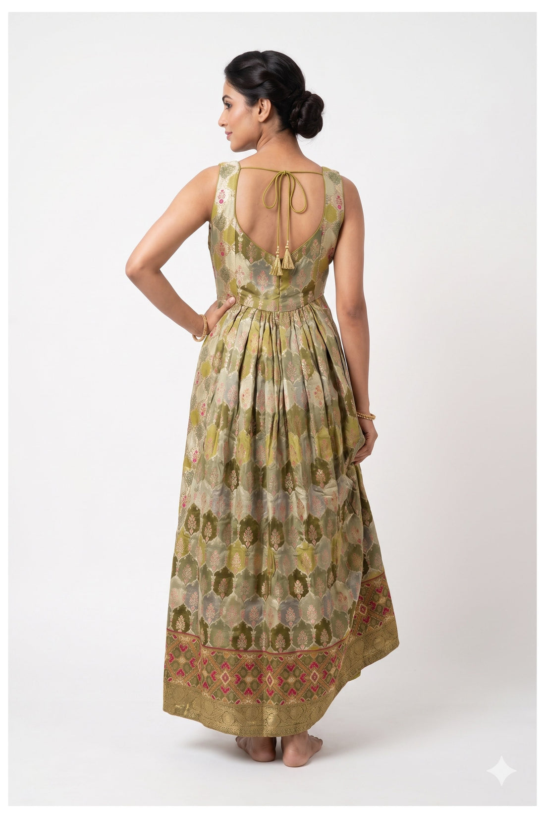 Olive Green Banarasi Anarkali Set With Dupatta