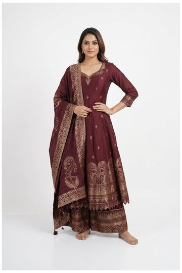 Wine Heritage Print Kurta Palazzo Set With Dupatta