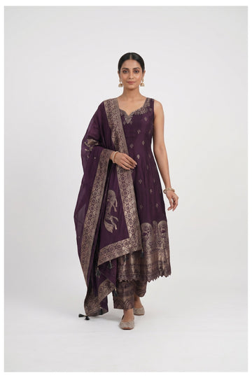 Royal Purple Zari Woven Palazzo Suit Set With Dupatta