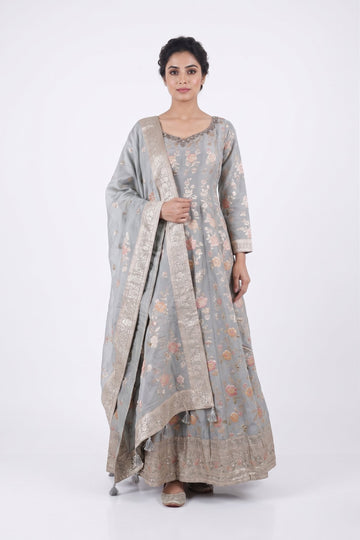 Silver Mist Floral Embroidered Anarkali Set