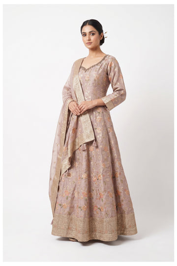 Blush Pink Floral Zari Woven Anarkali Set With Dupatta