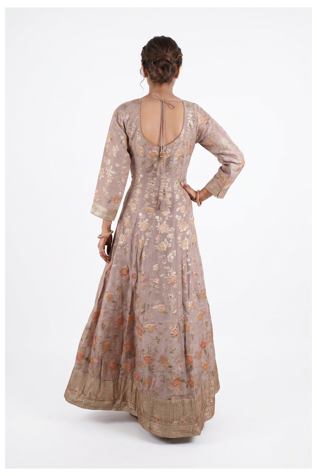 Blush Pink Floral Zari Woven Anarkali Set With Dupatta