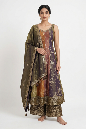 Olive & Rust Banarasi Style Anarkali Set with Rich Woven Dupatta