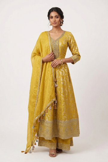 Sunshine Yellow Embroidered Anarkali Set with Tassel Dupatta