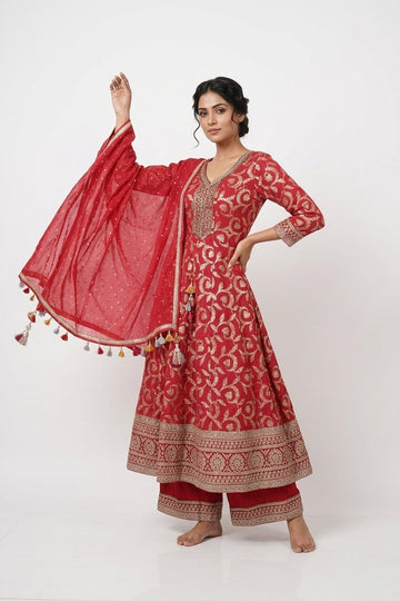 Royal Red Zari Woven Anarkali Suit With Dupatta