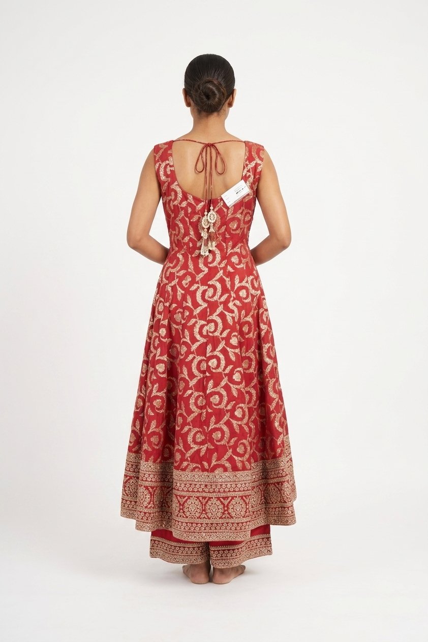 Royal Red Zari Woven Anarkali Suit With Dupatta