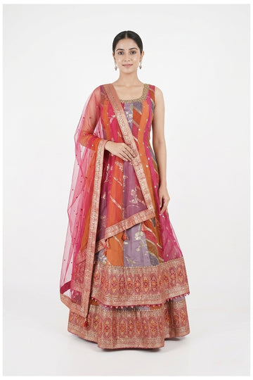Multicolor Printed Anarkali Palazzo Set With Net Dupatta