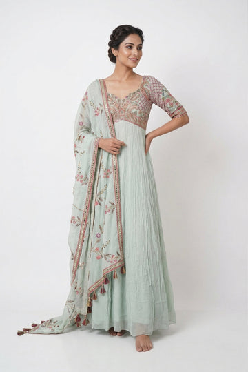 Pastel Mint Embroidered Flared Gown Set With Designer Dupatta