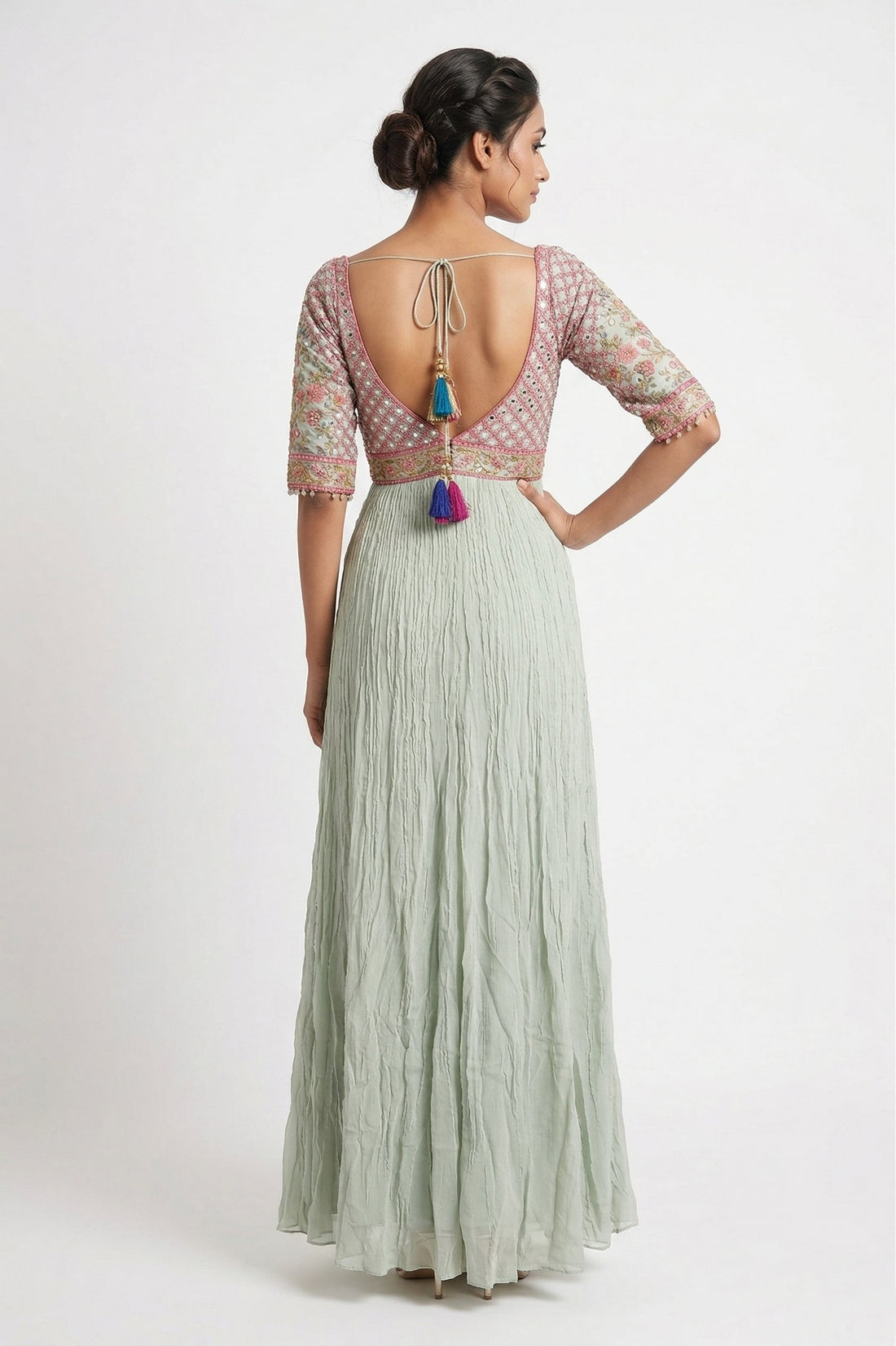 Pastel Mint Embroidered Flared Gown Set With Designer Dupatta