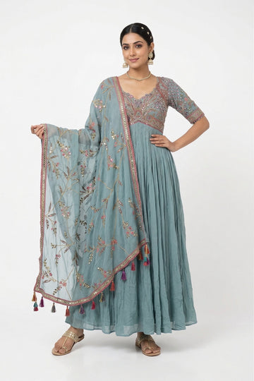 Dusty Blue Embroidered Flared Gown Set With Floral Dupatta