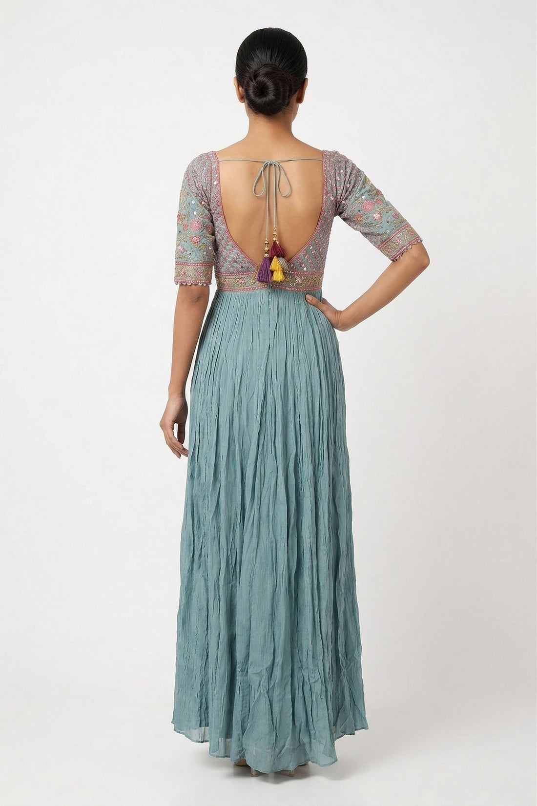 Dusty Blue Embroidered Flared Gown Set With Floral Dupatta