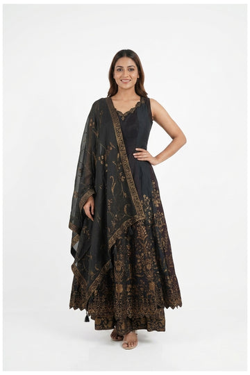 Black Antique Gold Floral Anarkali Palazzo Set With Dupatta