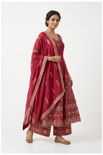 Ruby Red Zari Woven Anarkali Palazzo Set With Dupatta
