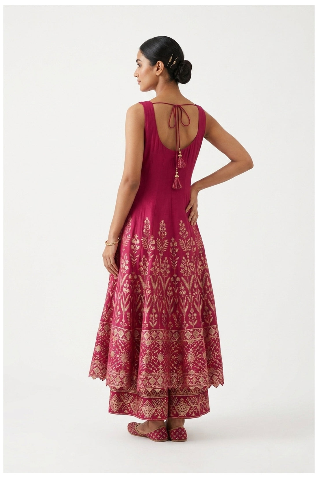 Ruby Red Zari Woven Anarkali Palazzo Set With Dupatta