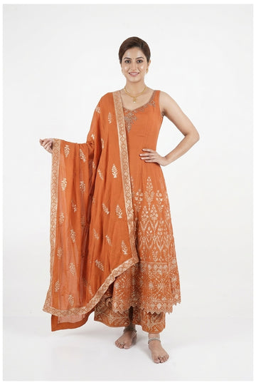 Burnt Orange Zari Woven Kurta Palazzo Set With Dupatta