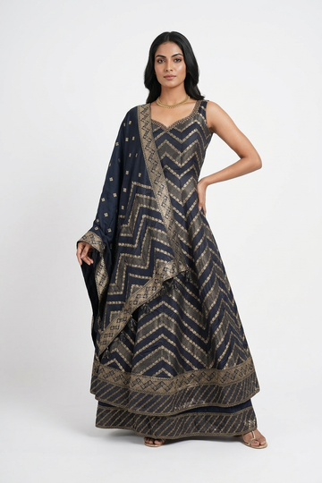 DARK NAVY Blue Chevron Zari Embroidered Anarkali Set with Designer Dupatta