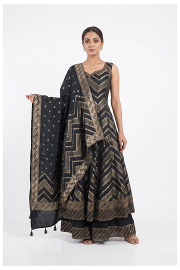Black & Antique Gold Zari Woven Anarkali Palazzo Set With Dupatta