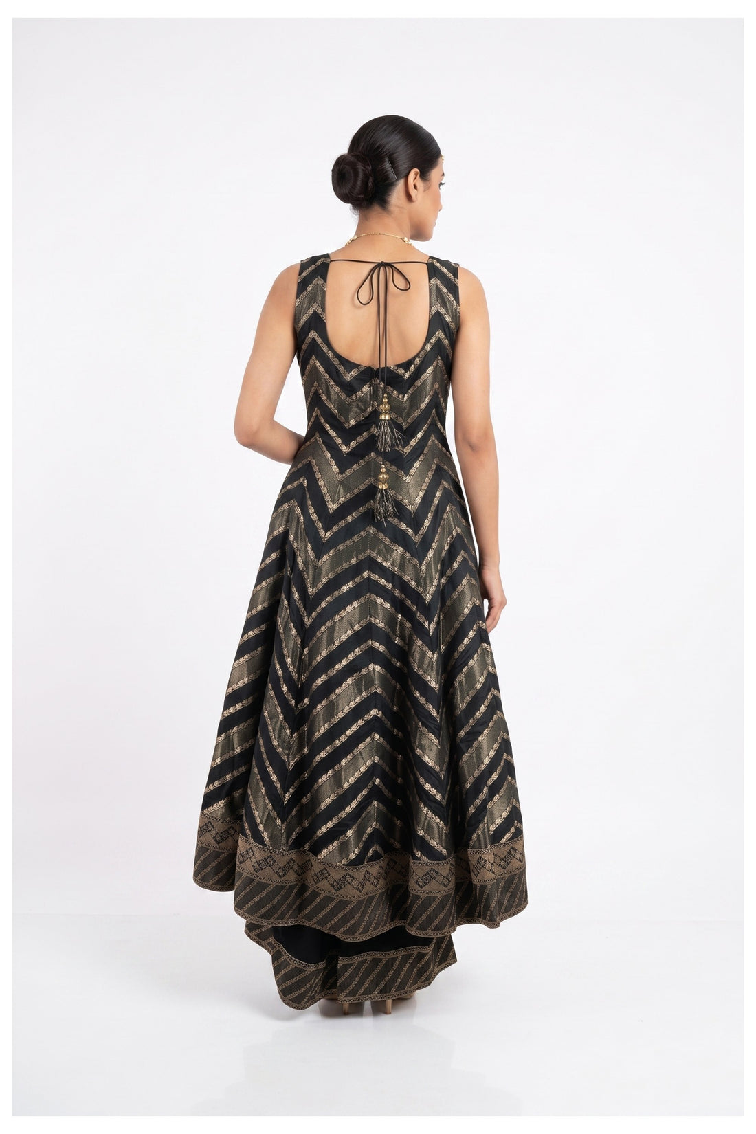 Black & Antique Gold Zari Woven Anarkali Palazzo Set With Dupatta