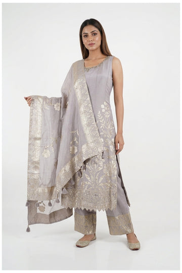 Lavender Grey Zari Woven Kurta Palazzo Set With Dupatta