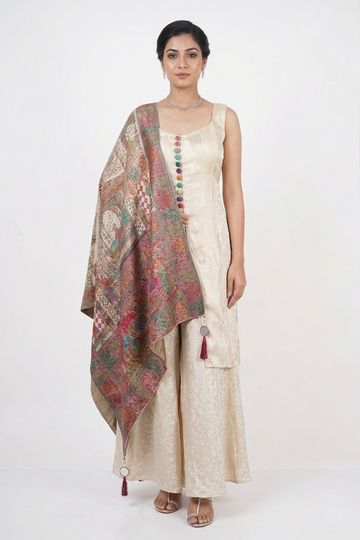 Almond Silk Kurta Palazzo Set With Multicolor Printed Dupatta