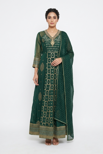 Dark Green Embroidered Anarkali Suit Set With Zari Work & Dupatta