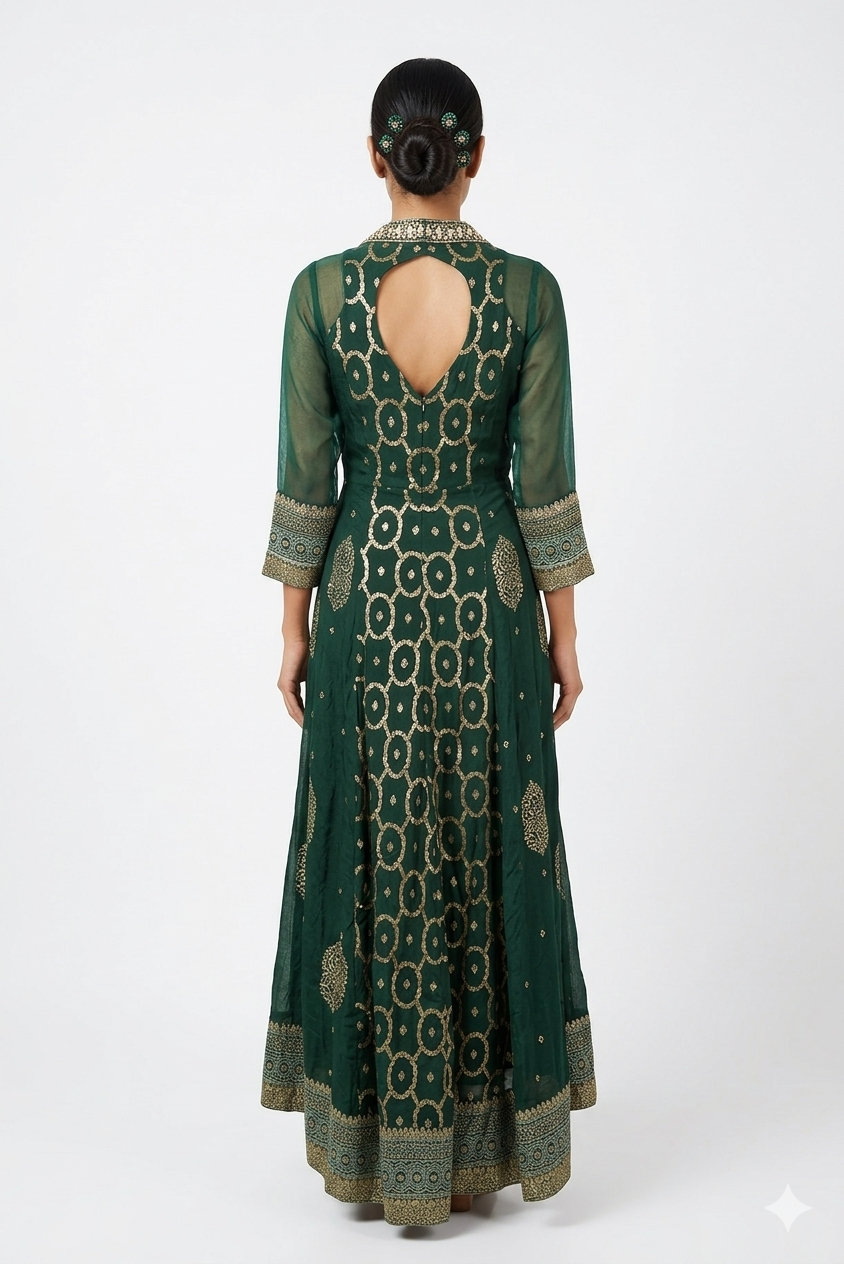 Dark Green Embroidered Anarkali Suit Set With Zari Work & Dupatta