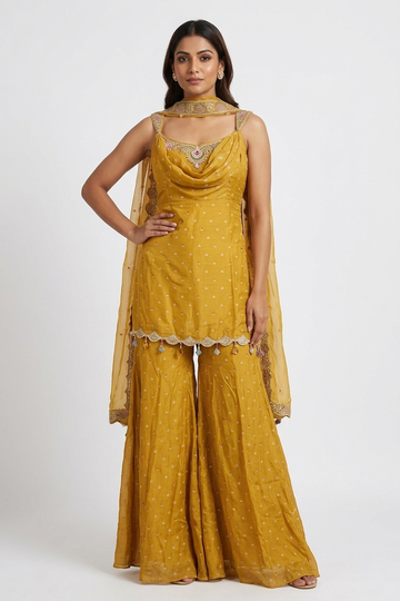 GOLD Drape Neck Sharara Set with Embroidered Dupatta