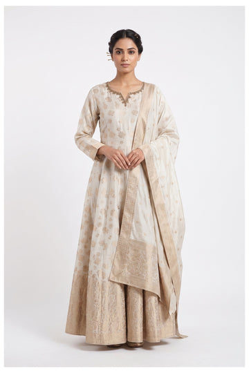 Ivory Gold Woven Anarkali Palazzo Set With Dupatta