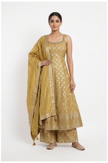 Mustard Gold Zari Woven Anarkali Palazzo Set With Dupatta