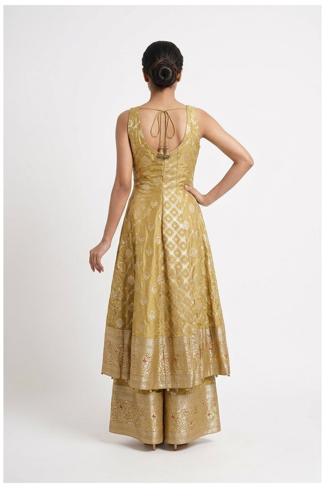 Mustard Gold Zari Woven Anarkali Palazzo Set With Dupatta