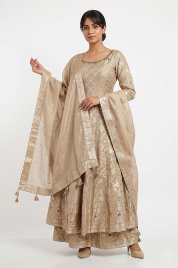 Light Gold Zari Woven Kurta Skirt Set With Elegant Dupatta