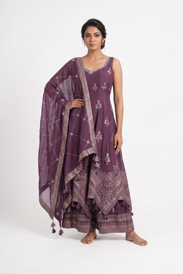 Royal Plum Embroidered Palazzo Gown Set