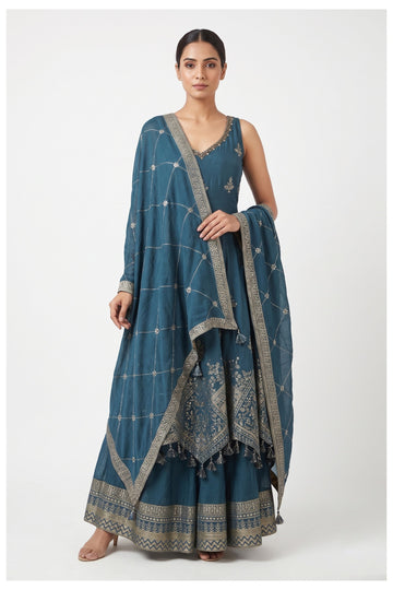 Teal Blue Embroidered Palazzo Suit Set With Dupatta