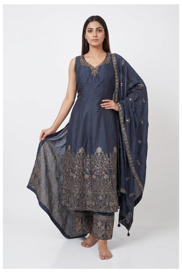 Midnight Blue Embroidered Palazzo Suit Set With Dupatta