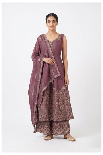 Mauve Embroidered Anarkali Kurta Palazzo Set With Dupatta
