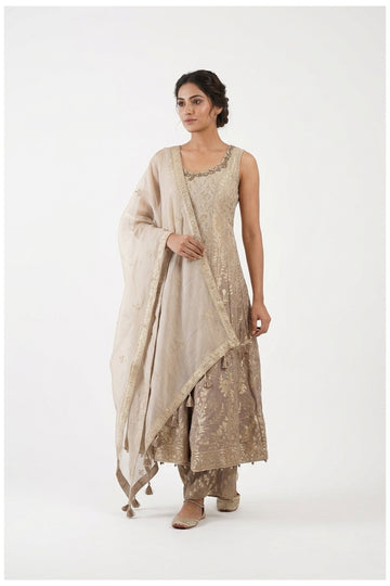 Champagne Beige Zari Woven Kurta Palazzo Set With Dupatta