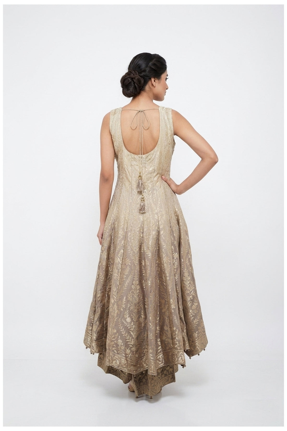 Champagne Beige Zari Woven Kurta Palazzo Set With Dupatta