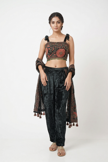 Black Velvet Co-Ord Set With Embroidered Crop Top & Pants