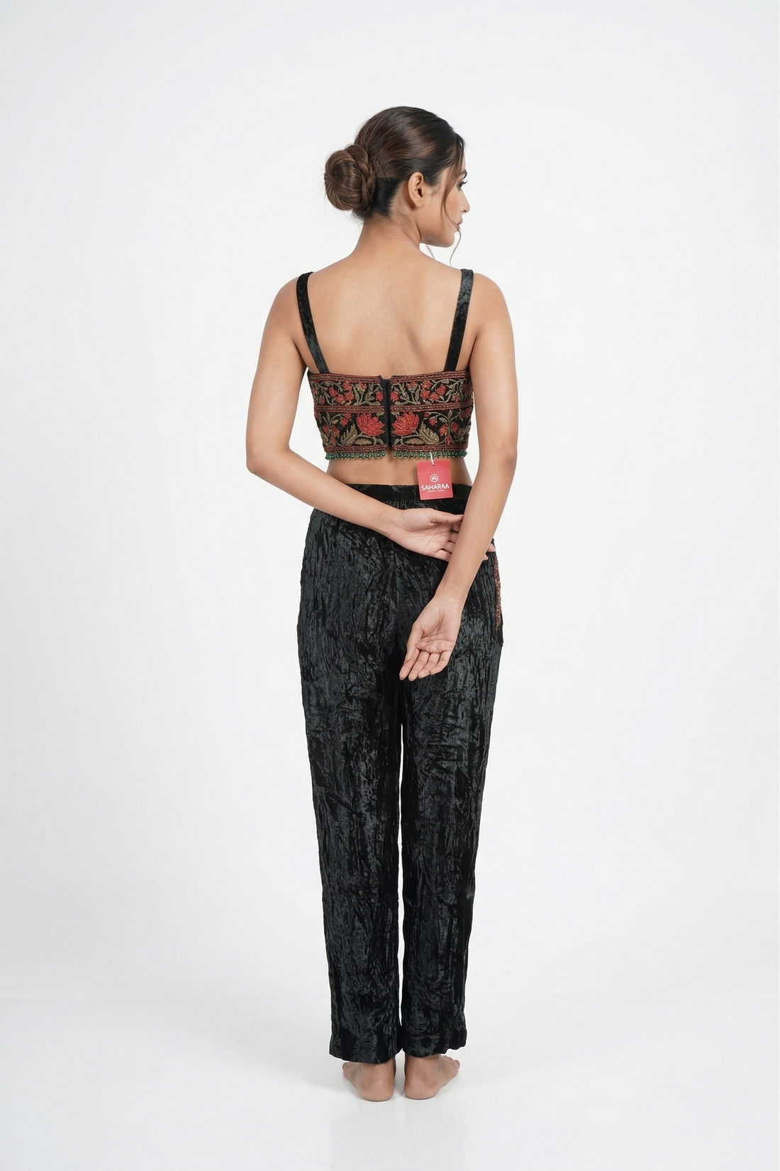 Black Velvet Co-Ord Set With Embroidered Crop Top & Pants