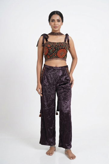 Black Velvet Embroidered Blouse with Statement Palazzo Set