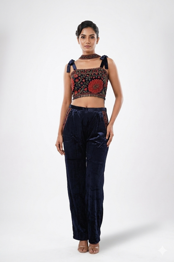 Dark  Navy  Blue Embroidered Co-ord Set With Floral Blouse & Velvet Pants