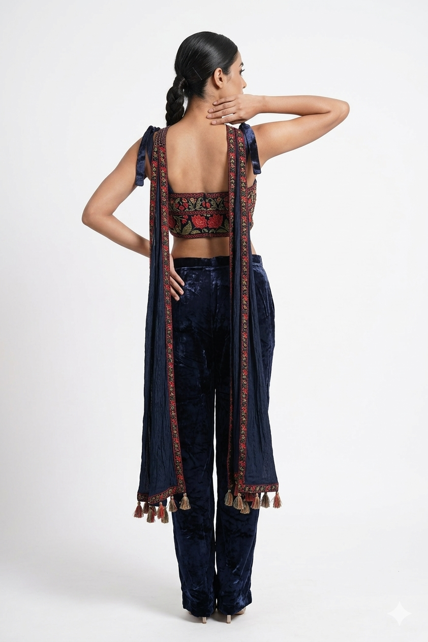 Dark  Navy  Blue Embroidered Co-ord Set With Floral Blouse & Velvet Pants