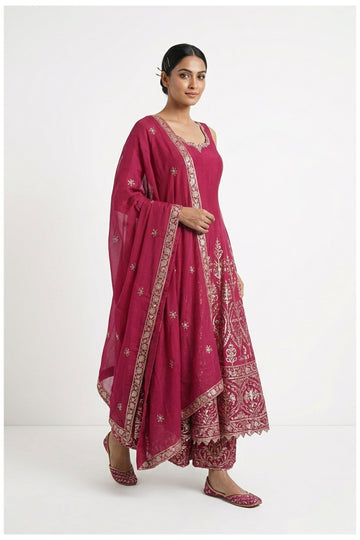 Rani Pink Zari Woven Anarkali Palazzo Set With Dupatta