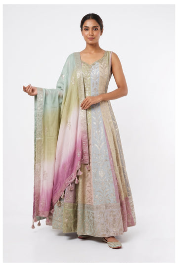 Pastel Multicolor Zari Woven Anarkali Palazzo Set With Dupatta