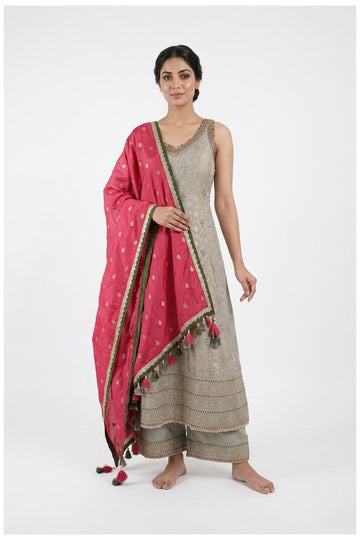 Sage Grey Zari Woven Anarkali Palazzo Set With Rani Pink Dupatta
