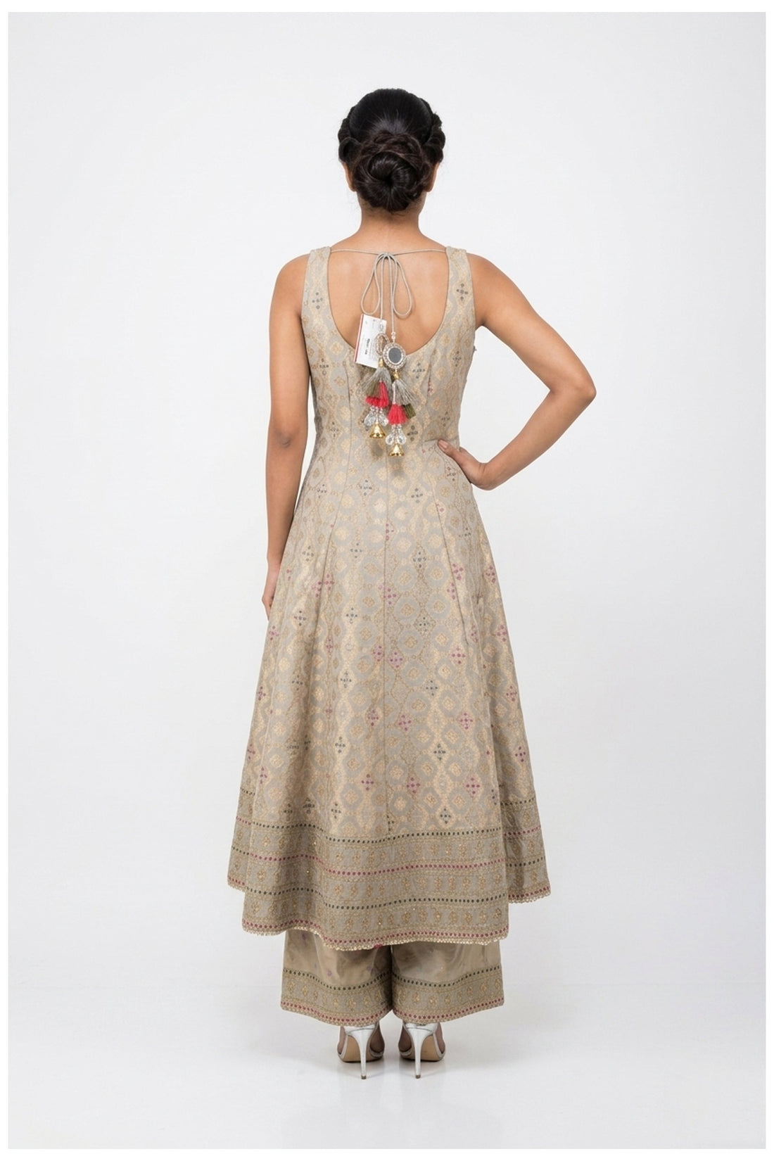 Sage Grey Zari Woven Anarkali Palazzo Set With Rani Pink Dupatta