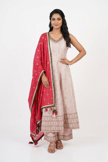Blush Pink Embroidered Anarkali Set With Rani Pink Dupatta