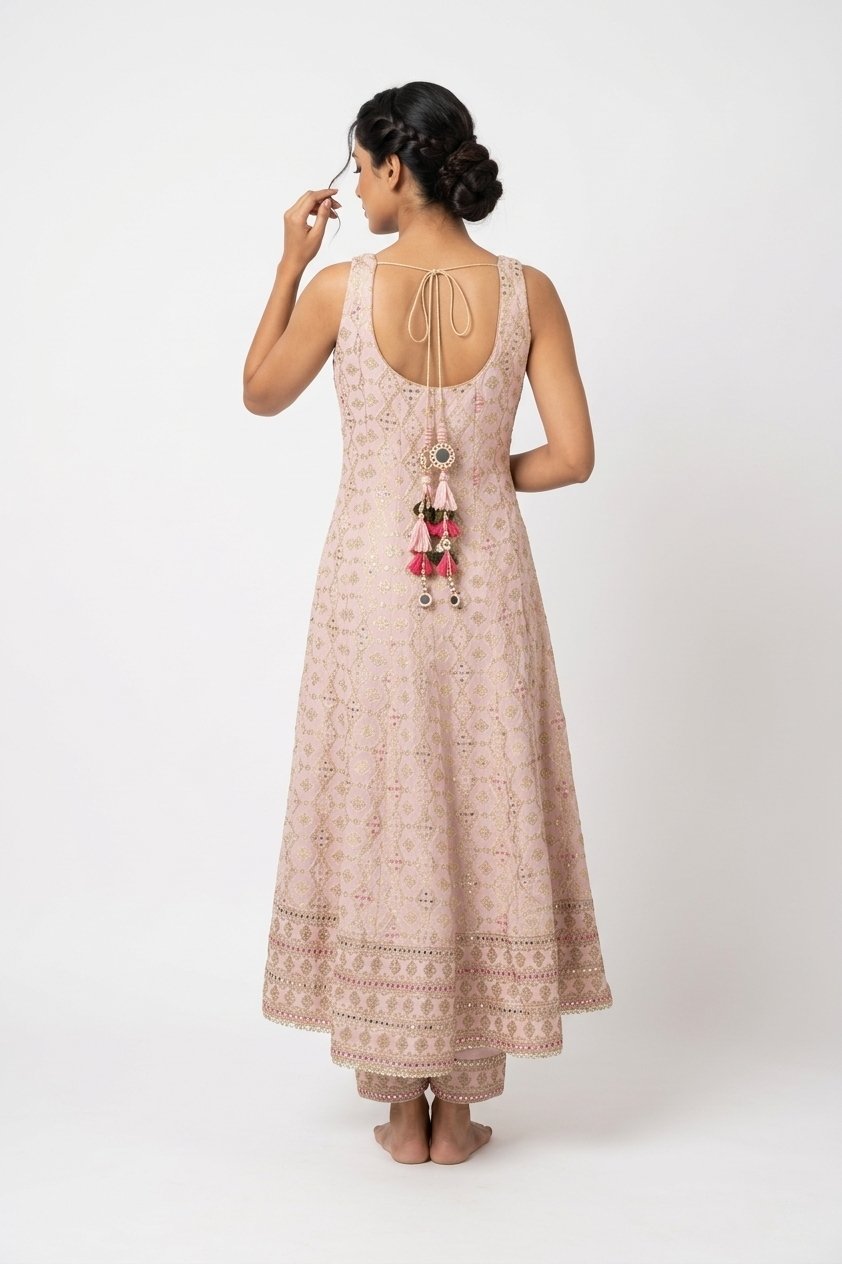 Blush Pink Embroidered Anarkali Set With Rani Pink Dupatta