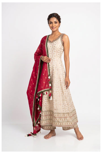 Ivory Gold Printed Anarkali Palazzo Set With Dupatta